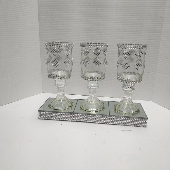 Elegant Silver Diamond Crystal 3-Piece Candle Holder Set - Picture 2 of 2
